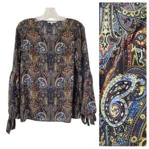 Rose + Olive Paisley Flowy Boho Top Womens Size Medium  Balloon Tie Sleeve Retro